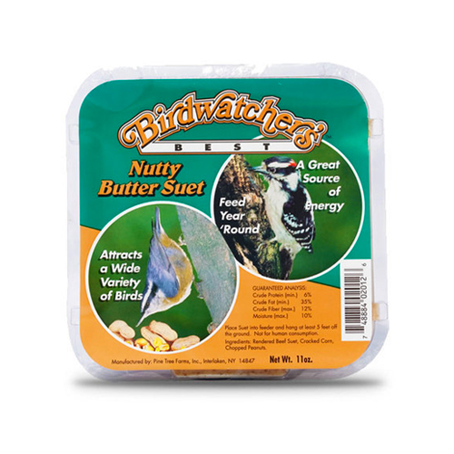 square package with a nuthatch and woodpecker on a tree. The package says 'Nutty Butter Suet'